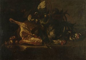 Stillleben mit Fleisch und toten Vögeln