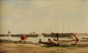 Blick auf Nyholm mit Kran und Kriegsschiffen von Christoffer Wilhelm Eckersberg
