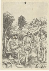 Alte Frau und zwei Liebespaare in der Landschaft