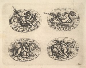 Vier Ovale mit Genien, Platten aus dem Neue Grotessken Buch von Christoph Jamnitzer