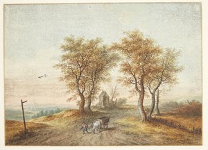 Landschaft mit Bäumen entlang einer Landstraße und einer Kapelle von Christoph Ludwig Agricola