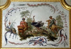 Straußenjagd-Panel des großen Wohnzimmers des Schlosses von Feldern auf Marl. Wanddekor gemalt von Christophe Huet von Christophe Huet