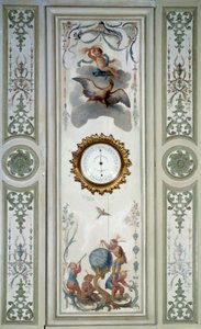 Paneel des großen Wohnzimmers des Château de Champs-sur-Marne mit Barometer und Chinoiserie. Wanddekor gemalt von Christophe Huet (1700-1759)