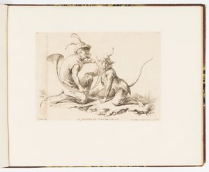 Tafel 10, Le Maître de Cors de Chasse (Der Meister des Jagdhorns), Singeries ou différentes actions de la vie humaine représentées par des singes (Affenspielereien oder verschiedene Handlungen des menschlichen Lebens dargestellt von Affen)
