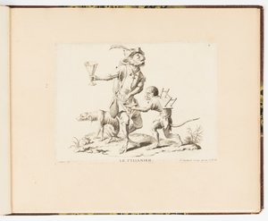 Platte 4, La Ptisanier (Der Kräutertee-Verkäufer), Singeries oder verschiedene Aktionen des menschlichen Lebens dargestellt von Affen von Christophe Huet