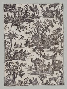 Fragment eines Kupferplatten bedruckten Baumwollstoffs mit Les quatres parties du monde Design, 1788 von Christophe Philippe Oberkampf