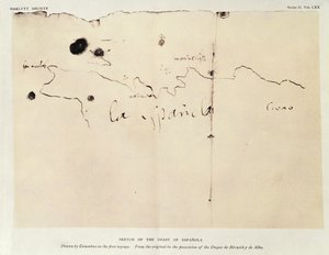 Skizze der Küste von Espanola, gezeichnet von Kolumbus auf der ersten Reise, aus dem Original im Besitz des Duque de Berwick y de Alba, 1492 von Christopher Columbus