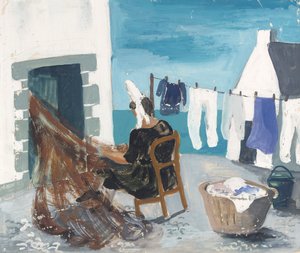 Netze flicken, Tréboul, ca. 1930 (Bleistift & Gouache auf Papier) von Christopher Wood