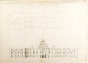 Hampton Court Palace, Teilplan und Skizzenansicht für eine Eingangsfassade, wahrscheinlich für das 2. Schema, nummeriert 5 & 6