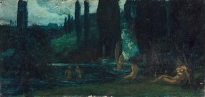 Badende Frauen am Abend in südlicher Landschaft von Circle of Arnold Böcklin