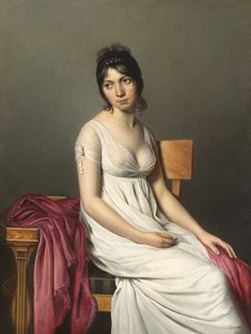 Porträt einer jungen Frau in Weiß von Circle of Jacques Louis David