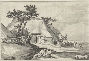 Bauernhof und Hirte mit Schafen und Ziege