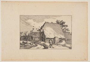 Ein Bauernhof, Mann mit zwei Eimern auf dem Weg vorne, aus Landschaften