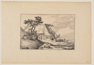 Scheunen, Ruhender Mann mit Eierkorb im Vordergrund, aus Landschaften (Verscheyden aerdige Lanthuysen...)