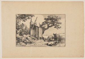 Verfallene Scheune mit Herde und Vieh, aus Landschaften (Verscheyden aerdige Lanthuysen...)