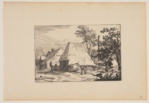 Bauernhof, Mann ruht sich an einem Zaun links der Mitte aus, aus Landschaften (Verscheyden aerdige Lanthuysen...)