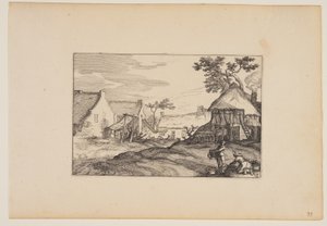 Bauernhof, junger Mann und Frau im Vordergrund, aus Landschaften (Verscheyden aerdige Lanthuysen...)