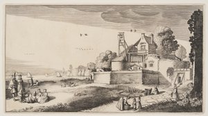 Bleichfeld vor einer Festung an einem Fluss, aus Landschaften (Playsante Lantschappen)