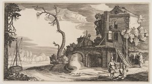 Quadratischer Turm als Gasthaus am Fluss, aus Landschaften (Playsante Lantschappen)