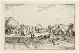 Dorfstraße, Platte zwanzig nach Bilder von Bauernhöfen, Landhäusern und rustikalen Dörfern (Praediorum villarum et rusticarum casularum icones) von Claes Jansz. Visscher II