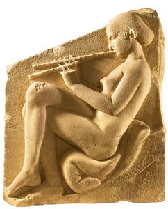 Ein Aulos-Spieler. Altar der Aphrodite, sogenannter Ludovisi-Thron, linkes Panel, ca. 430 v. Chr.