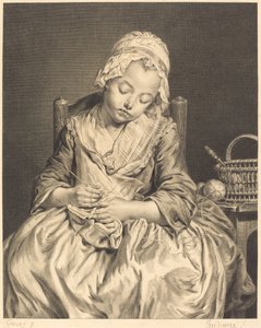 Die schlafende Strickerin von Claude Donat Jardinier after Jean Baptiste Greuze