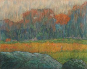 Landschaft mit Figur und Häusern