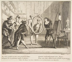 Pierrot und Scaramouche zeigen das Porträt von Harlekin von Claude Gillot, Jacques Gabriel Huquier