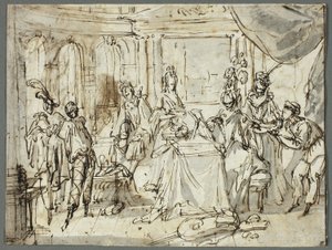 Die Schauspieler machen sich bereit (recto); Studien der Heiligen Familie und Johannes der Täufer (verso) von Claude Gillot