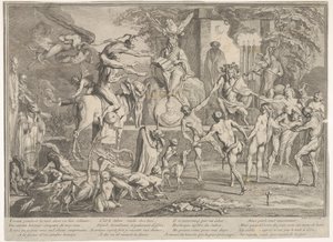 Hexensabbat, in einer nächtlichen Landschaft, ein Nekromant sitzt oben in der Mitte, ca. 1700-1720