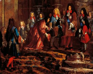 Ludwig XIV. empfängt die Unterwerfung des Dogen von Genua im Mai 1685, Gemälde von Claude-Guy Halle, ca. 1710