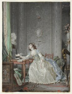 Innenraum mit Porträt einer jungen Dame vor einer Büste von Claude Jean Baptiste Hoin