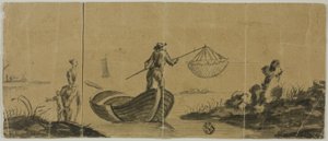 Chinoiserie mit Mann, der vom Boot aus fischt, Frau und Kind stehen am Ufer von Claude Joseph Vernet