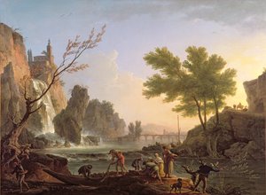 Fischer in einer Landschaft mit Wasserfall und Brücke