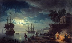 Mondscheinangeln Nachtansicht eines Hafens mit Männern, die ein Lagerfeuer machen. Gemälde von Joseph Vernet