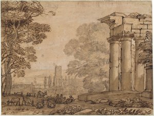 Landschaft mit Ruinen, pastoralen Figuren und Bäumen von Claude Lorrain
