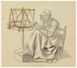 Eine alte Frau beim Spinnen