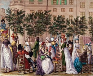 Mode unter dem Direktorium: „Le petit Coblenz“, die Promenade Boulevard des Italiens in Paris. Lithographie von Claude Louis Desrais (1746-1816) 1798. Paris, Musee Carnavalet