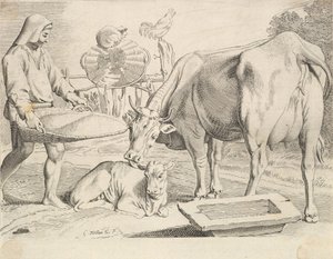 Landschaftsszene mit Bauer, Kuh und Kalb