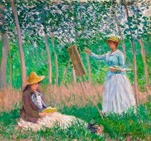 Im Wald von Giverny: Blanche Hoschedé an ihrer Staffelei mit Suzanne Hoschedé beim Lesen, 1887 von Claude Monet