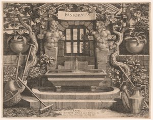 Titelblatt mit rustikalen Brunnen und Widmung, aus Pastorales von Claudine Bouzonnet Stella