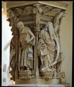 Brunnen des Moses - Skulptur, anerkannt als Meisterwerk des niederländischen Künstlers Claus Sluter (1340-1405/6) - Flämische Gotik: Sockel mit den Darstellungen von Daniel, Zacharias, Jesaja (links), Moses (rechts), Jeremia und David von Claus Sluter (135