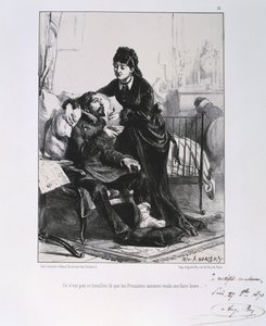 Deutsch-Französischer Krieg 1870-1871: Ein verwundeter Soldat wird gepflegt und genährt. Aus einer Serie von Lithografien von Clément Auguste Andrieux über die Nationalgarden.