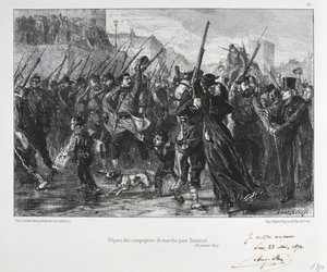 Deutsch-Französischer Krieg 1870-1871: Schlacht von Buzenval (Mont Valérien) bei Versailles am 19. Januar 1871. Nationalgarde marschiert zur Schlacht und Niederlage. Aus einer Serie von Lithografien von Clément Auguste Andrieux über die Nationalgarden.