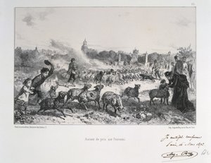 Französisch-Preußischer Krieg 1870-1871: Eine Schafherde vertreiben, um zu verhindern, dass sie in die Hände der Preußen fällt. Aus einer Serie von Lithografien von Clement August Andrieux über die Nationalgarden. von Clément Auguste Andrieux