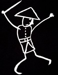 Charakter mit Hut, Uniform und Flügeln. Anime-Zeichnung von Emile Cohl (1857-1938) in Weiß auf Schwarz.