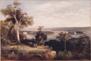Bewaldete Landschaft mit Fernblick auf Sydney von Conrad Martens