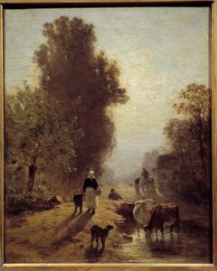 Am Morgen Bauernfamilien und Vieh im Nebel der Morgendämmerung