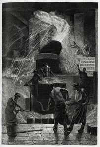Der Stahlguss in den Cockerill-Werken in Seraing. Gravur von C. Meunier zur Illustration der Geschichte „Belgien“ von Camille Lemonnier (1844-1913) von Constantin Emile Meunier