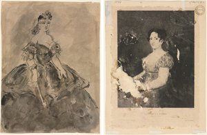 Beim Ball (recto); Die Frau mit dem Fächer, nach Goya (verso) von Constantin Guys